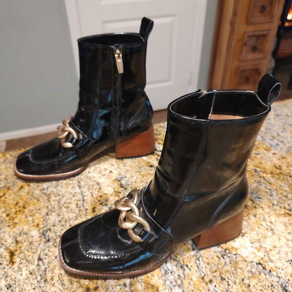 Steve Madden Loreen Black Patent Chunky Heel Gold Chain Mid Calf Boot Sz 8.5M - Picture 4 of 12